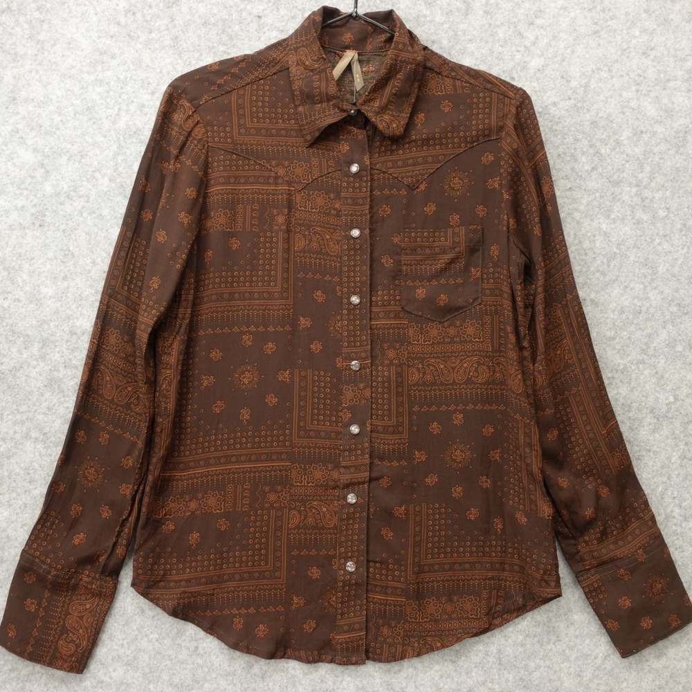 Cowboy Boho Patchwork Shirt STETSON Womens XS Brown Western Bandana Pearl Snap